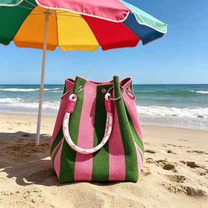 🔥👜 Limited Time Special Price ￡8.99!!✨  Boho Striped Knit Bucket Handbag for Women – Handmade Summer Beach Shoulder Bag