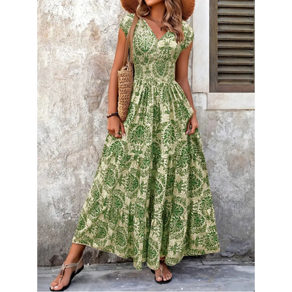 🔥Summer Hot Sale - ONLY ￡16.99!!🌼 Women's V-Neck Floral Smocked Maxi Dress – Elegant, Bohemian, Lightweight 🦋