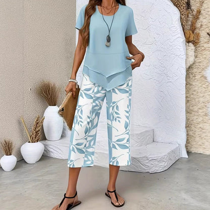 🔥LAST WEEK- ONLY￡15.99!!🌼👗Women's 2-Piece Set – Layered Asymmetrical Tunic Top & Printed Wide Leg Pants, Breathable Polyester✨